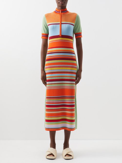 Alemais Alexandra Striped Half-zip Wool Midi Dress In Orange