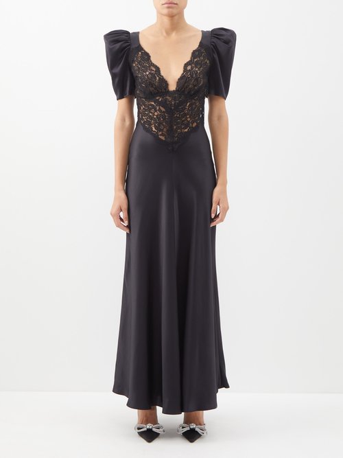 Rodarte - Puff-sleeve Lace-bodice Silk-satin Dress Black