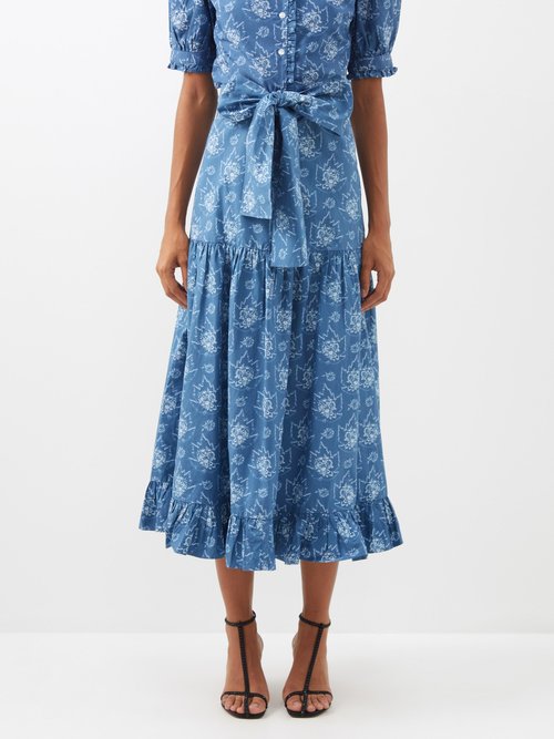 Batsheva Natasha Tiered Floral-print Cotton-poplin Midi Skirt In Blue White