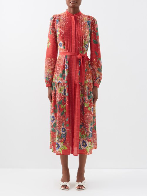 Saloni - Remi B Floral-print Silk Belted Shirt Dress Red Multi