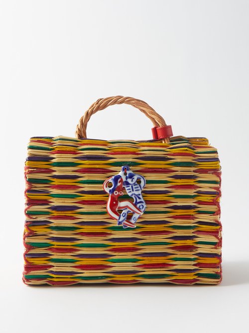 Heimat Atlantica Chacha Chito Medium Rattan Basket Bag In Beige,green,red,yellow
