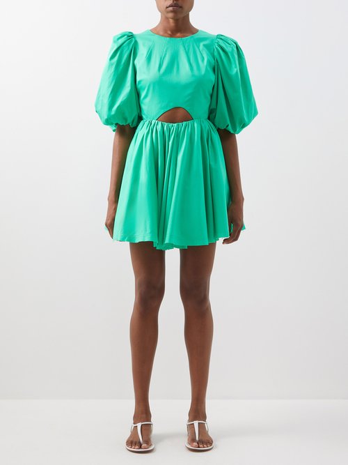 Aje Colette Puff-sleeve Cutout Cotton Mini Dress In Green | ModeSens