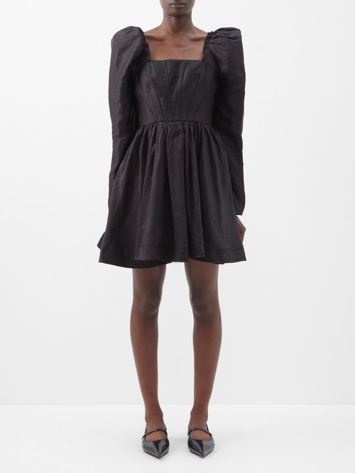 Aje - Fleur Puff-sleeve Linen-blend Mini Dress Black