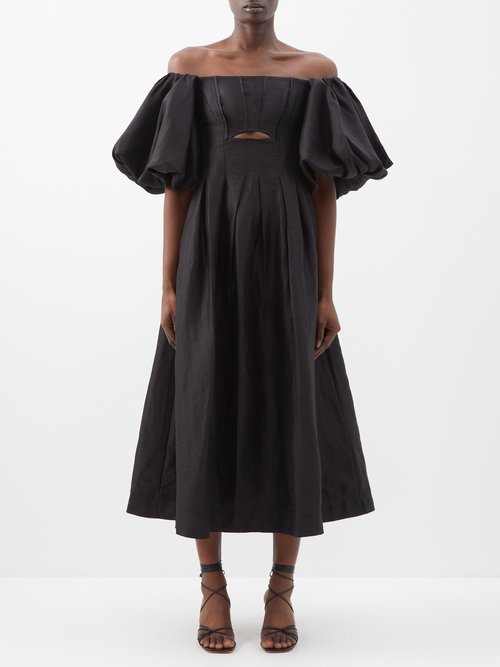 Aje - Eugenie Off-the-shoulder Linen-blend Dress Black