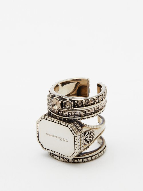 Alexander McQueen Logo-engraved Stacked Crystal And Metal Ring