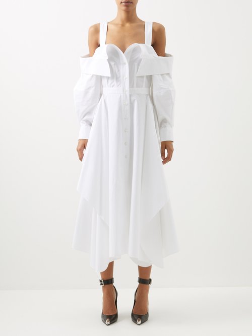 Off-the-shoulder Cotton-poplin Shirt Dress