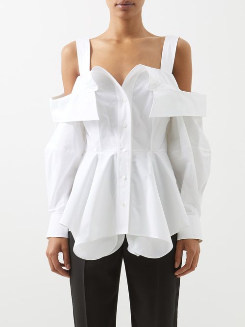 Alexander Mcqueen - Off-the-shoulder Folded Cotton-poplin Peplum Top White