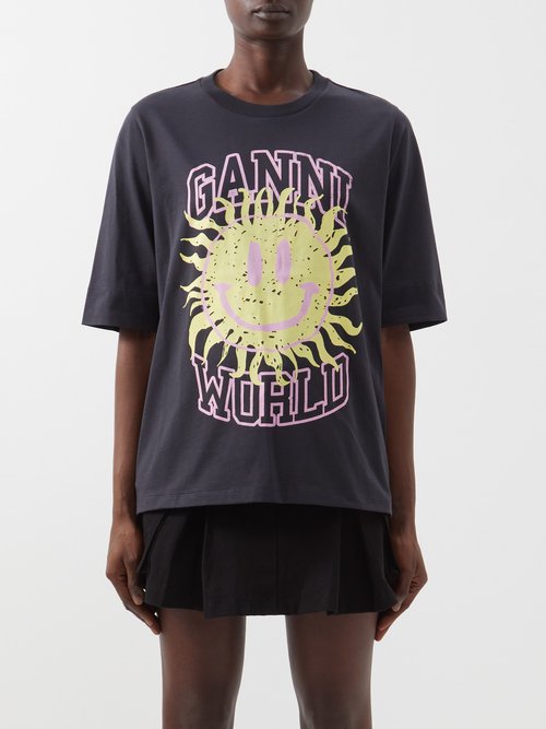 Ganni - Ganni World Smiley Organic-cotton T-shirt Black Print