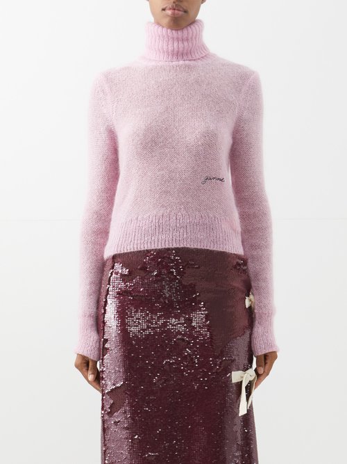 Ganni Logo-embroidered Mohair-blend Roll-neck Sweater