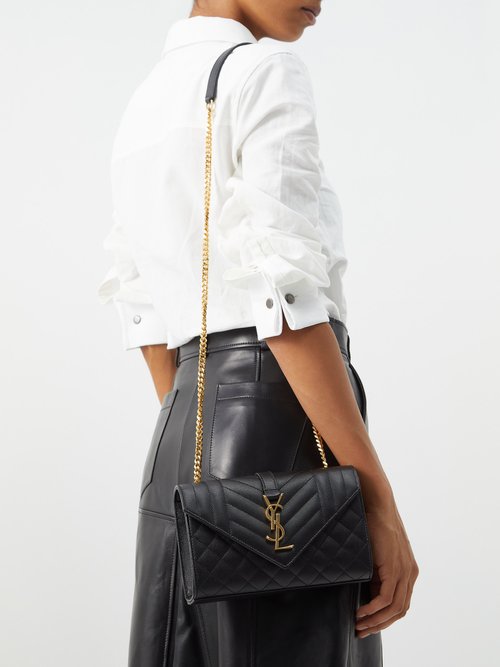 Shop Saint Laurent Envelope Small Matelassé-leather Shoulder Bag In Black