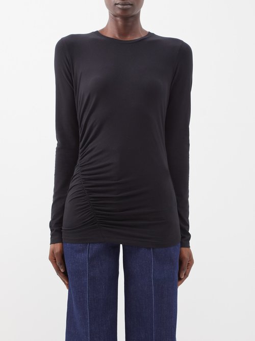 Another Tomorrow - Ruched Long-sleeved Jersey T-shirt Black