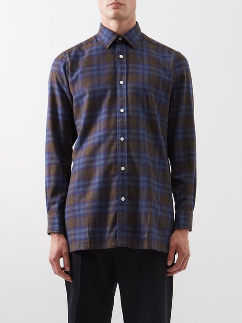 Charvet - Slim Fit Plaid Cotton Shirt - Mens - Brown Multi