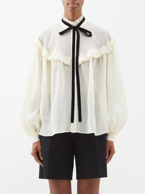 Blazé Milano - Frida Bow-neck Crinkled Cotton-blend Crepe Blouse - Womens - White