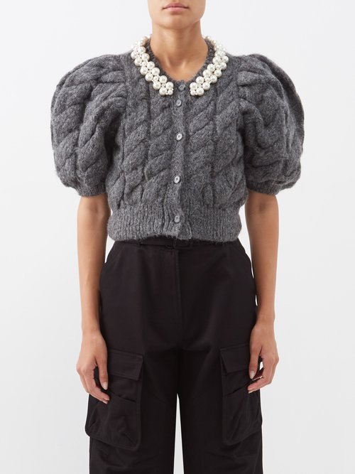 Simone Rocha - Faux Pearl-embellished Cable-knit Cardigan Charcoal