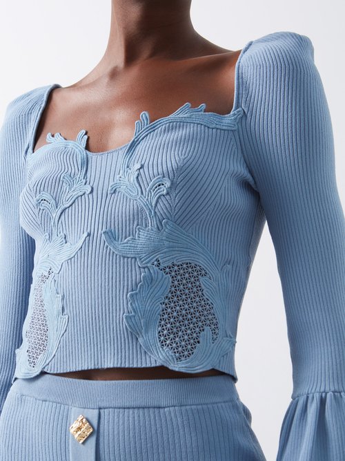 Self-Portrait Lace-insert Embroidered Ribbed-knit Crop Top | Smart