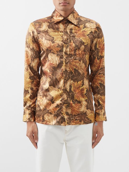 Erl - Leaf-print Satin Shirt - Mens - Brown