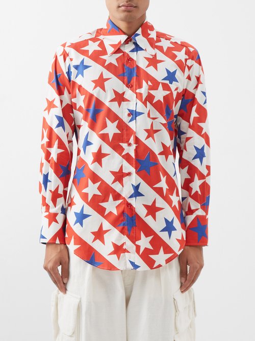 Erl - Star And Stripe-print Cotton-poplin Shirt - Mens - Red White Blue