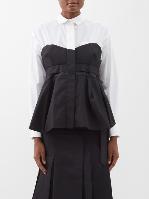 Sacai - Panelled Peplum Cotton-poplin Shirt - Womens - Black White