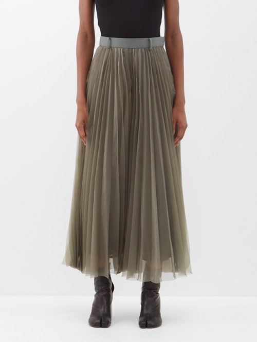 Sacai - Pleated Organza Wide-leg Trousers - Womens - Khaki