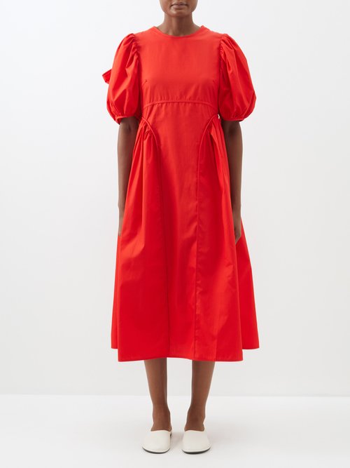 Cecilie Bahnsen - Finnega Puff-sleeve Cotton-poplin Midi Dress Bright Red