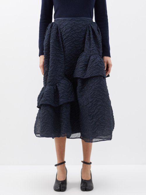Cecilie Bahnsen Damara Skirt With Asymmetrical Ruffle On Side Panel In Navy Blue