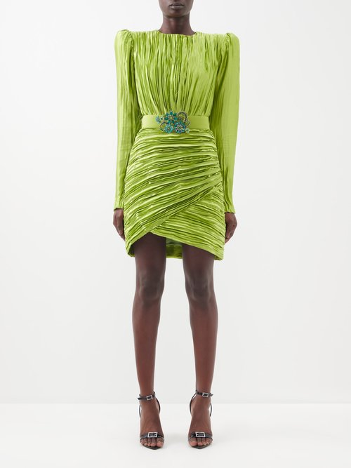 Andrew Gn - Jewel-belt Plissé Silk Dress - Womens - Green
