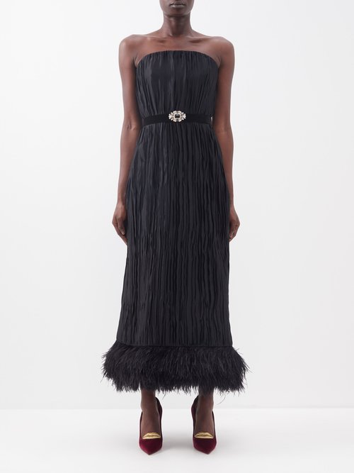 Andrew Gn - Belted Feather-trimmed Silk-blend Plissé Dress - Womens - Black