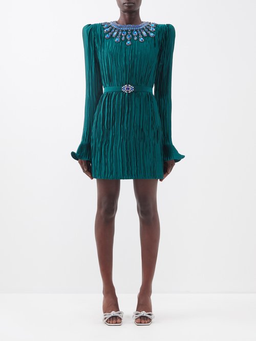 Andrew Gn - Crystal-embellished Plissé Silk-blend Dress - Womens - Dark Green