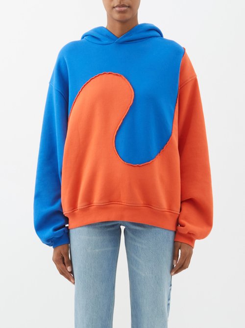 Erl - Swirl Colour-blocked Cotton-blend Hooded Sweater Blue Orange