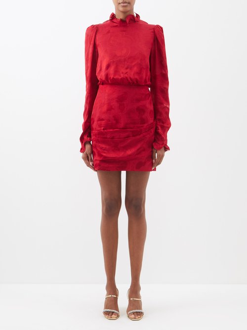 Saloni - Rina B Ruffled Satin-jacquard Mini Dress Red