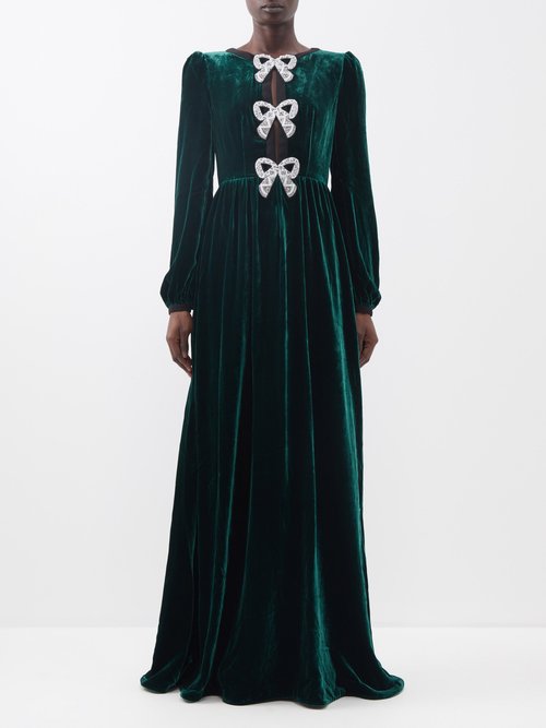 Saloni - Camille Crystal-bow Velvet Gown Dark Green