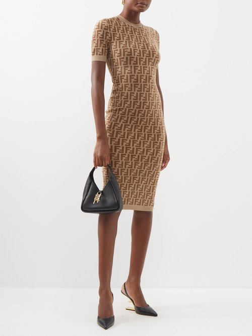 Abito Ff-jacquard Chenille Sweater Dress In Brown
