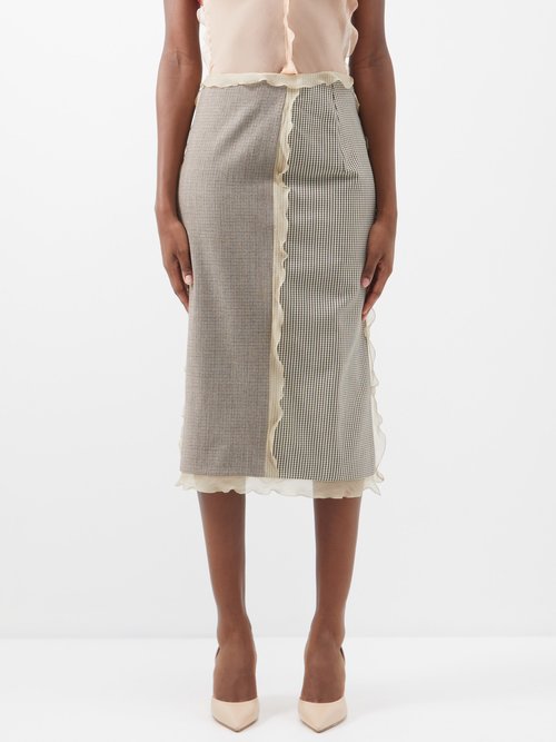 Fendi - Chiffon-trimmed Houndstooth Wool-blend Skirt - Womens - Grey Multi