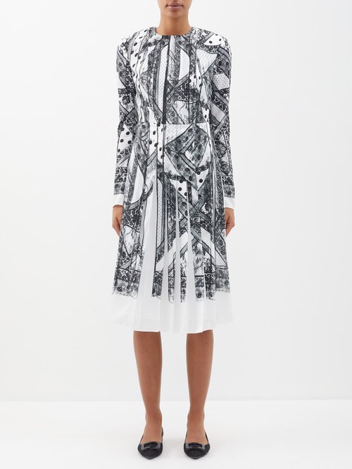 Erdem Franca Pleated Lace-print Twill Midi Dress In Black White Multi