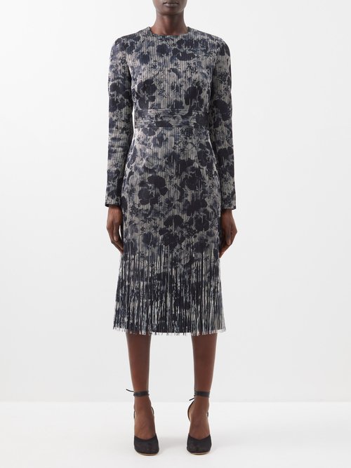 Erdem - Francesca Fringe-trimmed Floral-print Midi Dress - Womens - Navy Multi