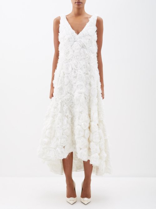 Erdem Eberta Rose-embroidered Silk Midi Dress In White Multi