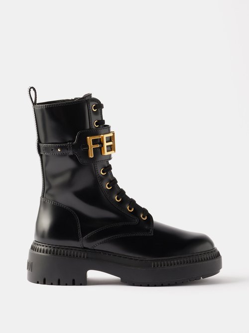 Fendi Logo Leather Lug-sole Combat Boots In Nero