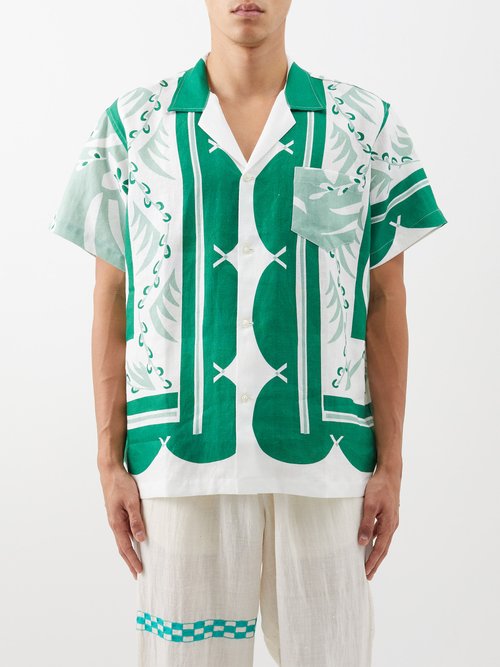 Bode - Prairie Willow-print Linen Shirt - Mens - White Green