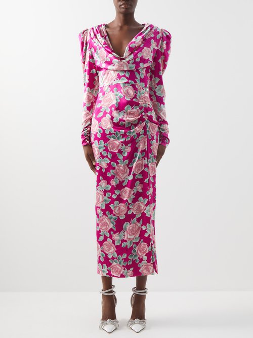 Alessandra Rich - Draped Floral-print Silk-satin Midi Dress Fuchsia