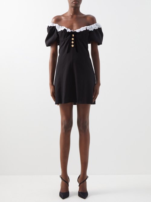 Alessandra Rich - Lace-trimmed Off-the-shoulder Crepe Mini Dress Black