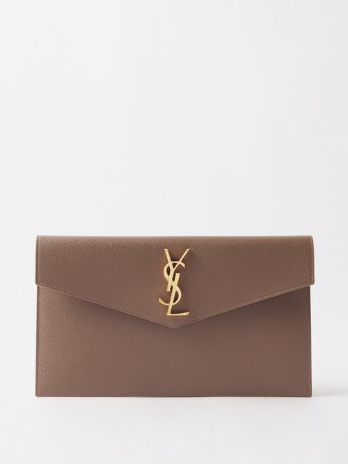Uptown Ysl-plaque Grained-leather Clutch Bag In Beige