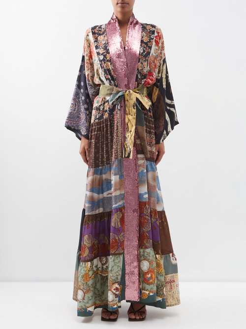 Rianna + Nina - Patchwork Sequinned Vintage Silk Coat - Womens - Multi