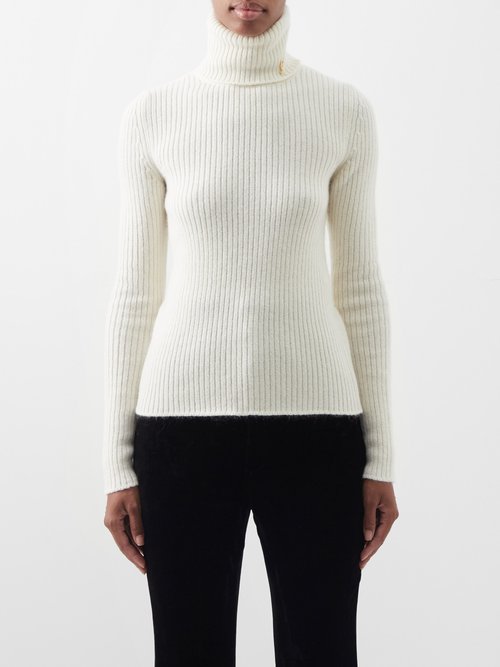 Saint Laurent - Roll-neck Ribbed-knit Wool-blend Sweater Cream