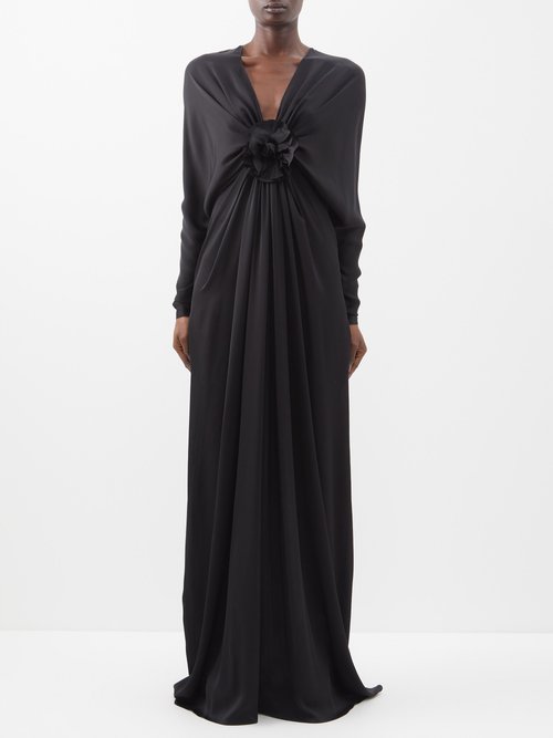Saint Laurent - Rose-appliqué Silk-charmeuse Gown Black