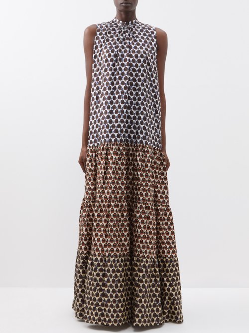Biyan - Iglo Printed Gathered Silk Maxi Dress Navy Brown
