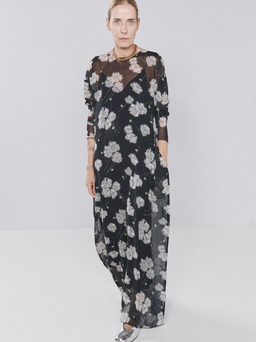 Raey - Tie-back Frazzled Poppy Silk Print Dress Black Print