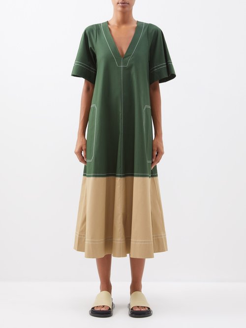 Lee Mathews - Nina Colour-blocked Cotton-poplin Midi Dress Green Multi
