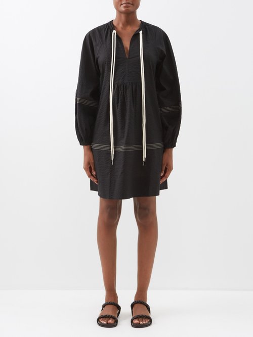 Buy Lee Mathews - Gina Cotton-seersucker Mini Dress Black online - shop best Lee Mathews clothing sales