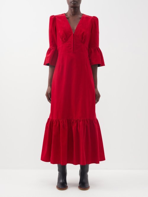 Buy Cefinn - Daphne V-neck Corduroy Maxi Dress Red online - shop best Cefinn clothing sales