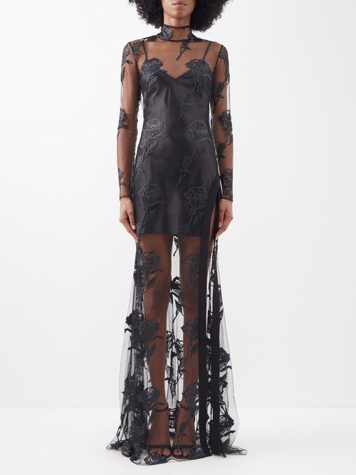 David Koma - Rose-embroidered Chiffon Gown Black